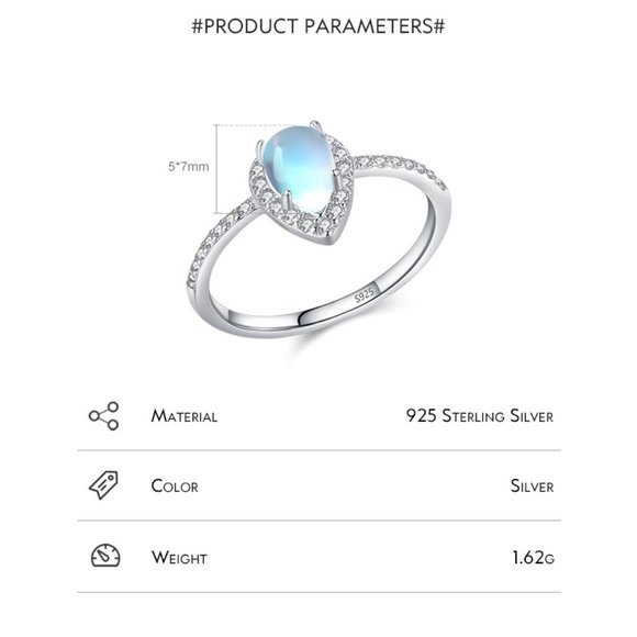 NEW S925 Sterling Silver Teardrop Moonstone Ring, Size 8 - Picture 4 of 5